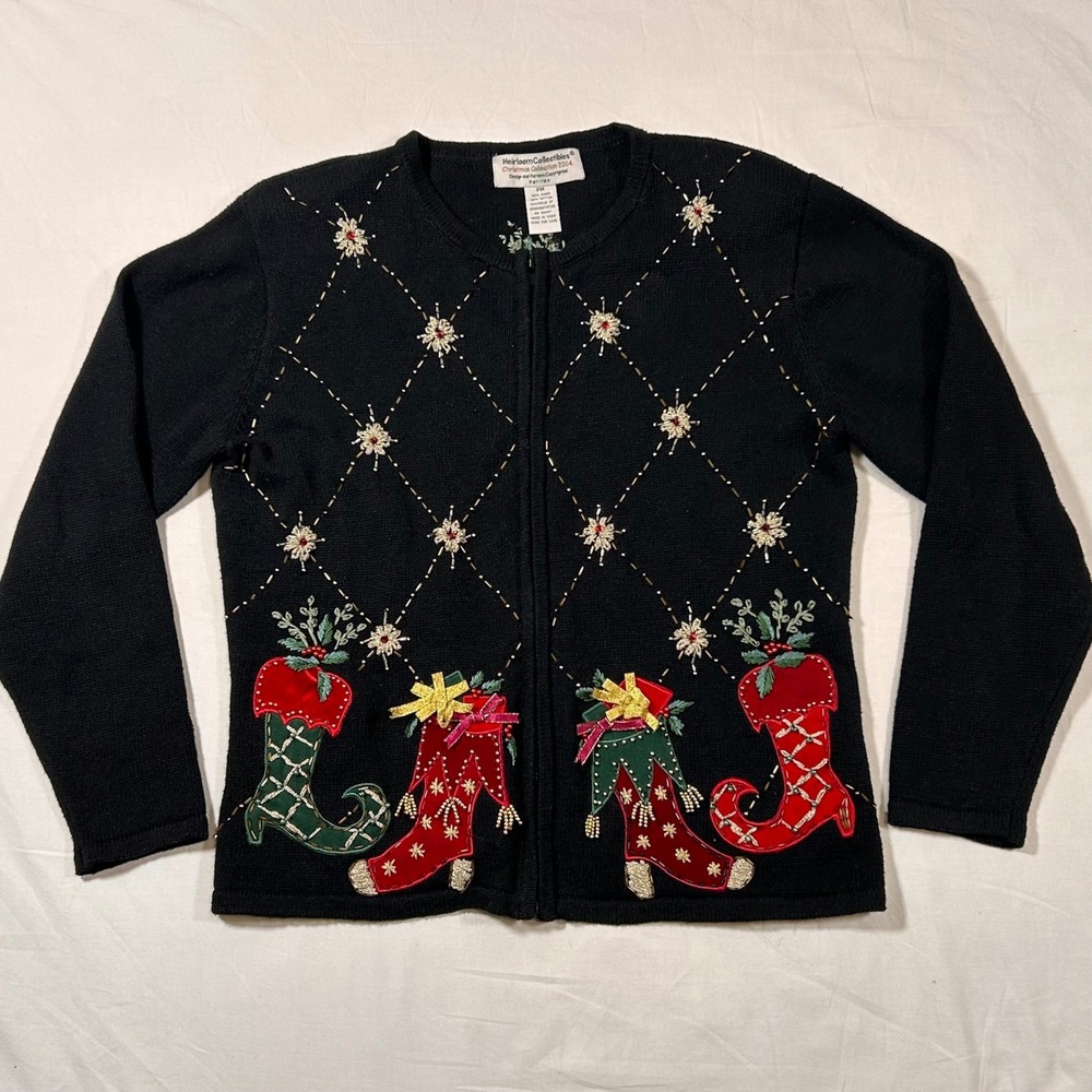 Heirloom Collectibles Christmas Sweater Cardigan Size PM‎ Embellished Stockings